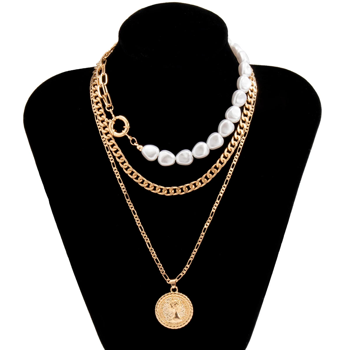 Imitation Pearl Coin Portrait Pendant Necklace