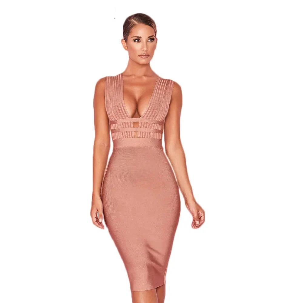 Women Hollow Cut Out Bandage Pink Dress