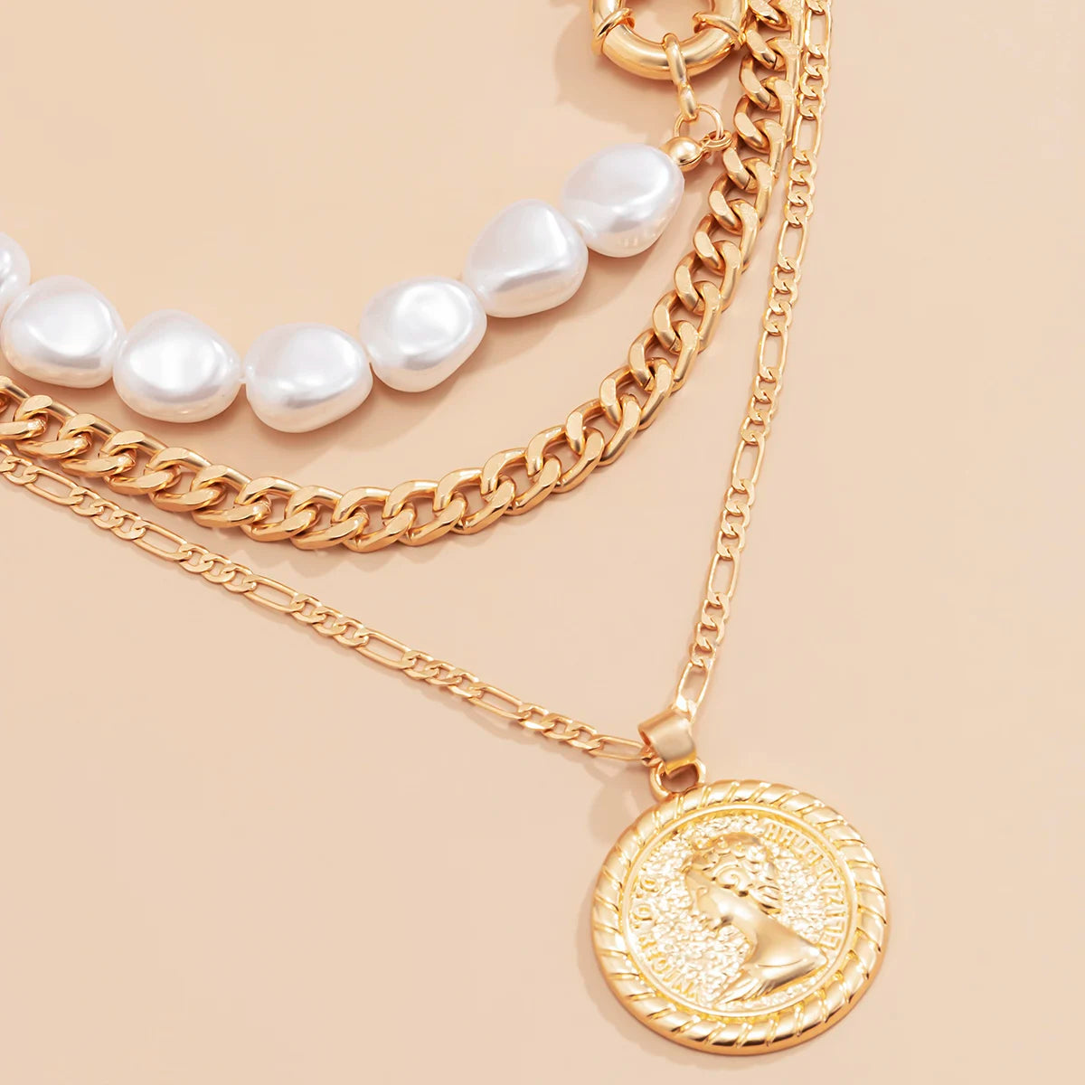 Imitation Pearl Coin Portrait Pendant Necklace