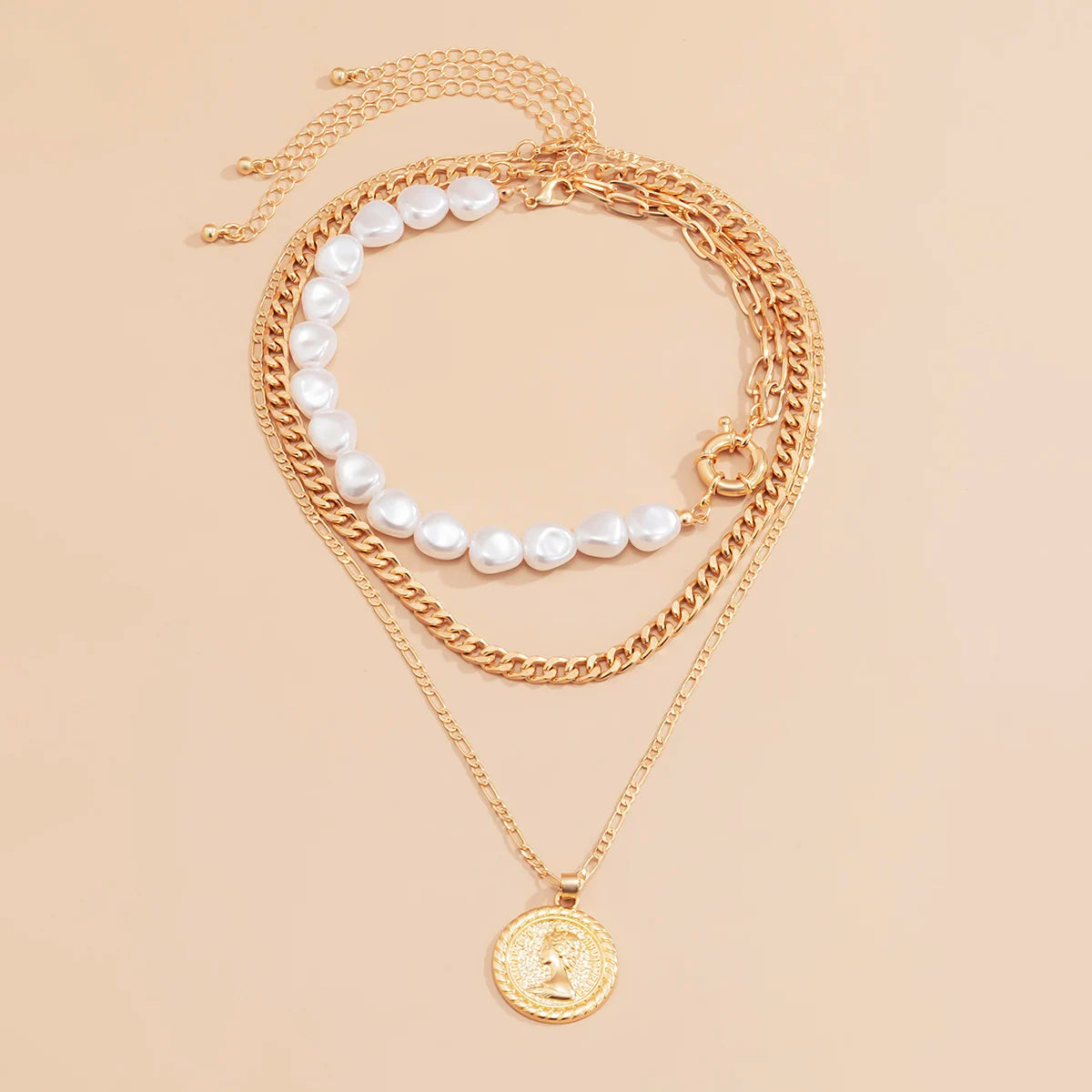 Imitation Pearl Coin Portrait Pendant Necklace