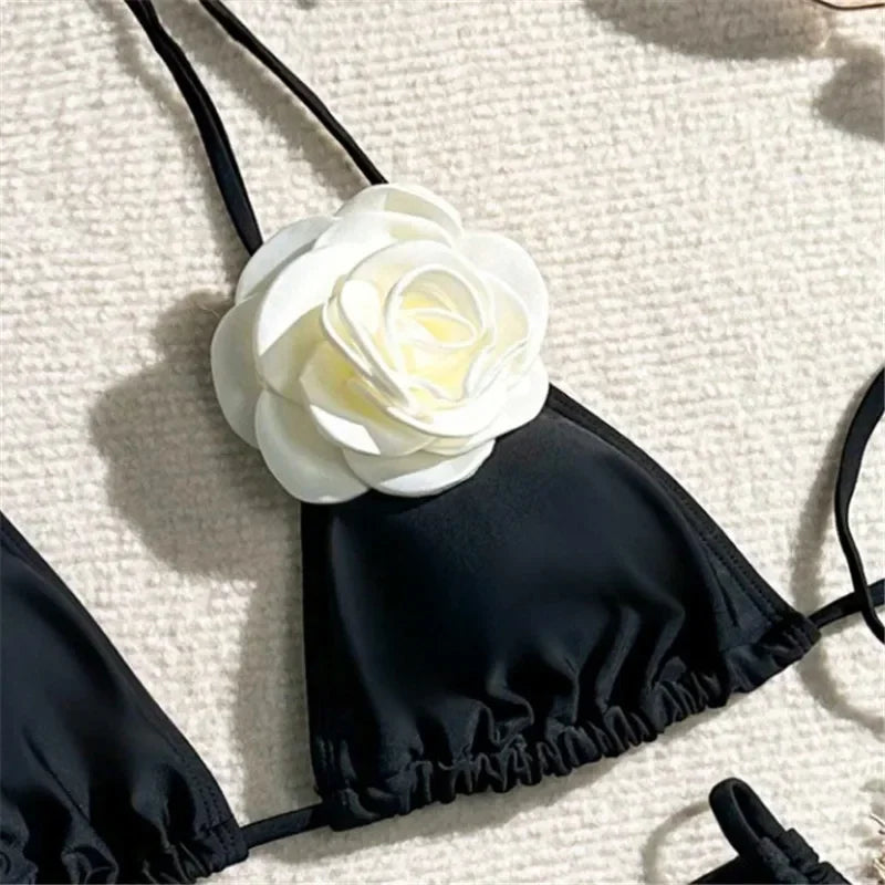 3D Flower Black Triangle Bikinis Set