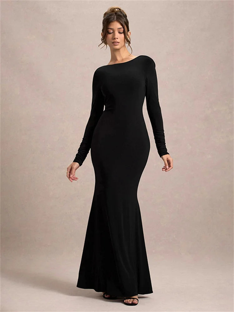 Black Tee Bow Backless Long Dress