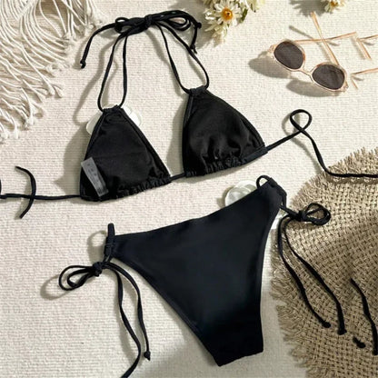 3D Flower Black Triangle Bikinis Set