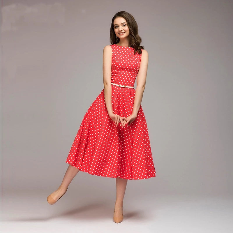 Retro Polka Dot Sleeveless Long Swing Dress